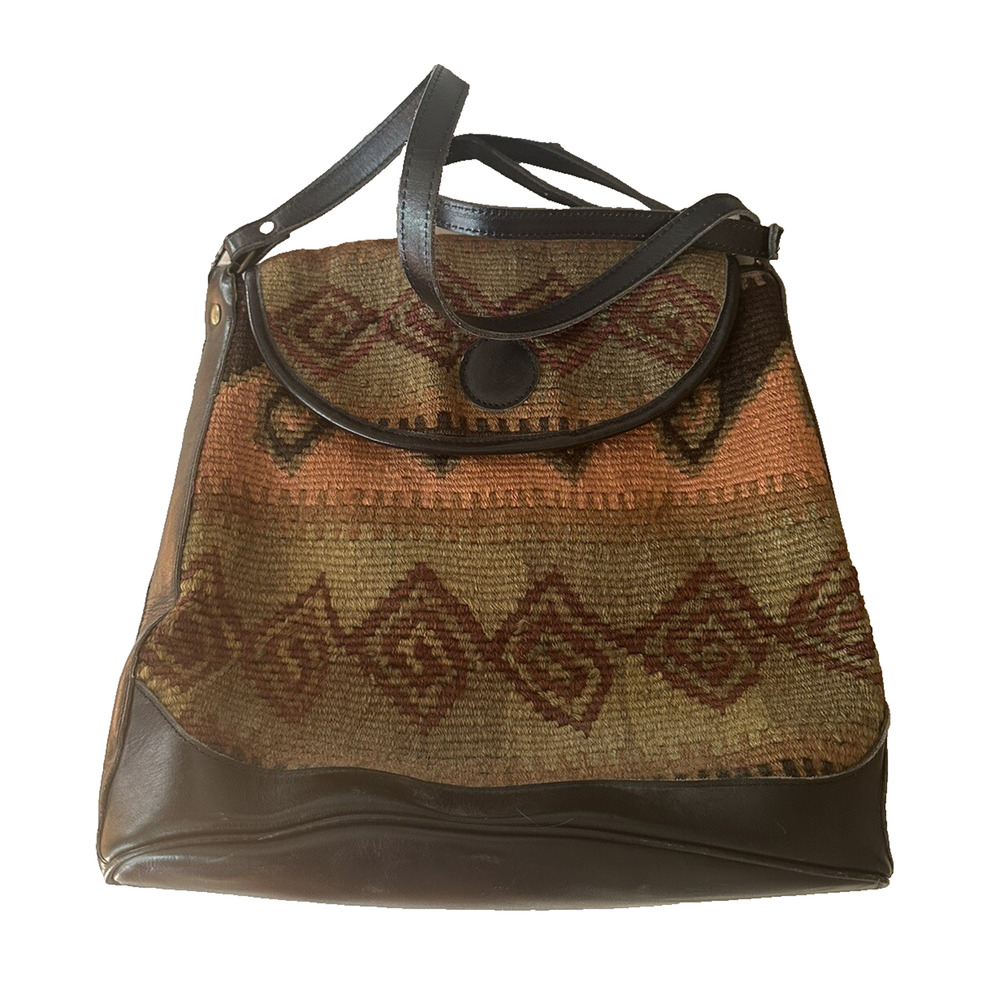 Vintage Purse Woven Jute Leather Crossbody Black Brown Rug Kilim Messenger Bag